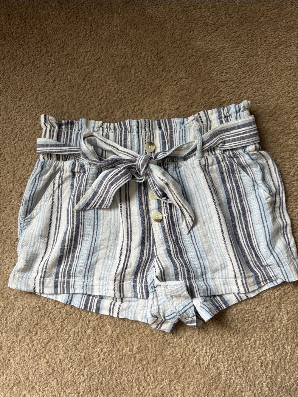 Rewash High-Waist Striped Paperbag Shorts in Blue & White